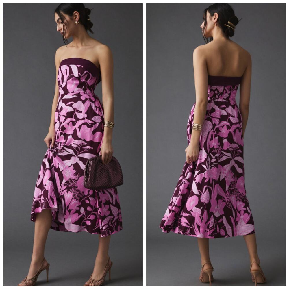 Anthropologie Jo Faulkner Strapless Pink Red Floral Dress Size 10